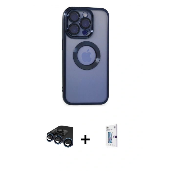MARSİLYAN™- iPhone 15 Pro Max Kılıf Pusula Form - Siyah Bilvis 0.18mm Plus Cam Ekran Koruyucu + Lacivert Raze Metal Kamera Lens