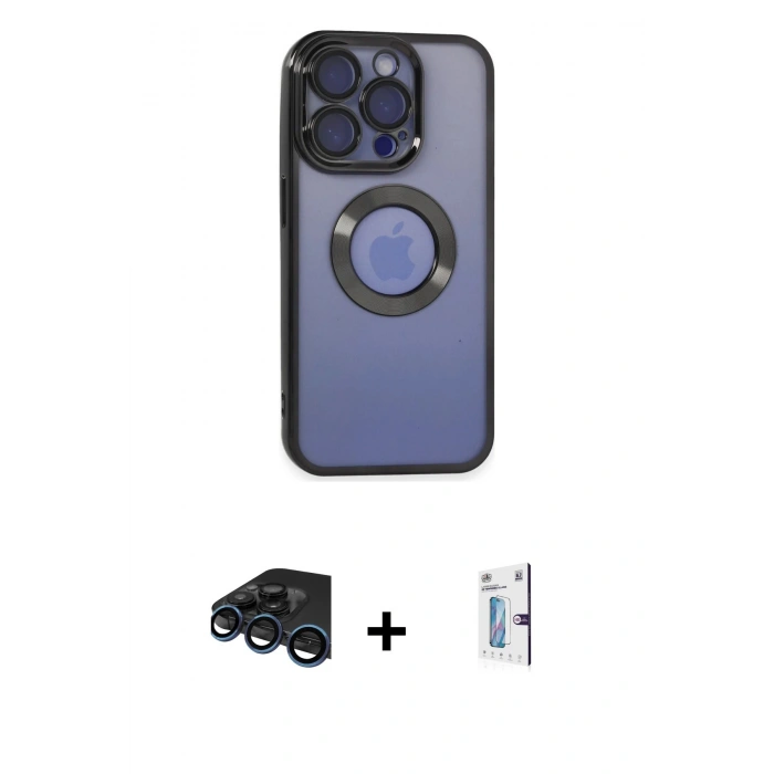 MARSİLYAN™- iPhone 15 Pro Max Kılıf Pusula Form - Siyah Bilvis 0.18mm Plus Cam Ekran Koruyucu + Lacivert Raze Metal Kamera Lens