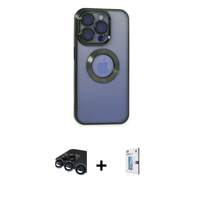 MARSİLYAN™- iPhone 15 Pro Max Kılıf Pusula Form - Siyah Bilvis 0.18mm Plus Cam Ekran Koruyucu + Lacivert Raze Metal Kamera Lens