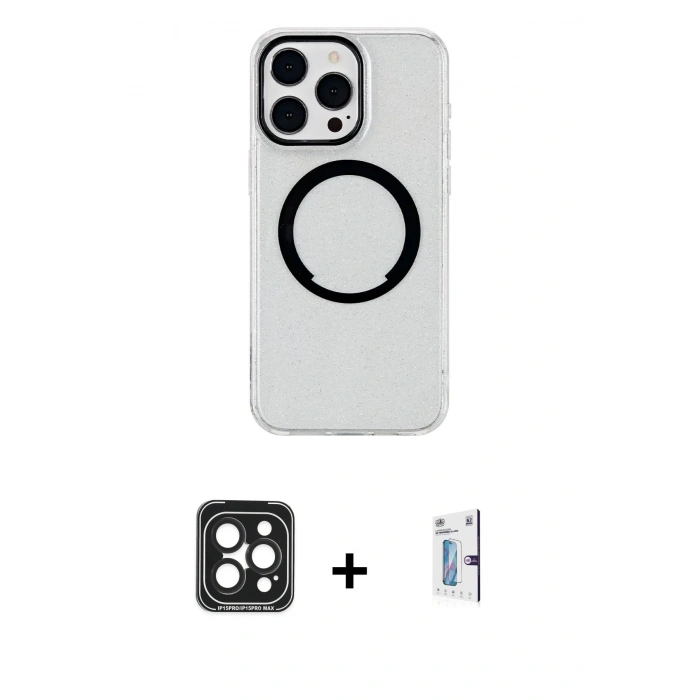 MARSİLYAN™- iPhone 15 Pro Max Kılıf Pusula Form - Siyah Bilvis 0.18mm Plus Cam Ekran Koruyucu + PVD Metal Kamera Lens - SH