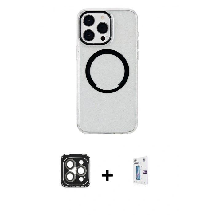 MARSİLYAN™- iPhone 15 Pro Max Kılıf Pusula Form - Siyah Bilvis 0.18mm Plus Cam Ekran Koruyucu + PVD Metal Kamera Lens - GI