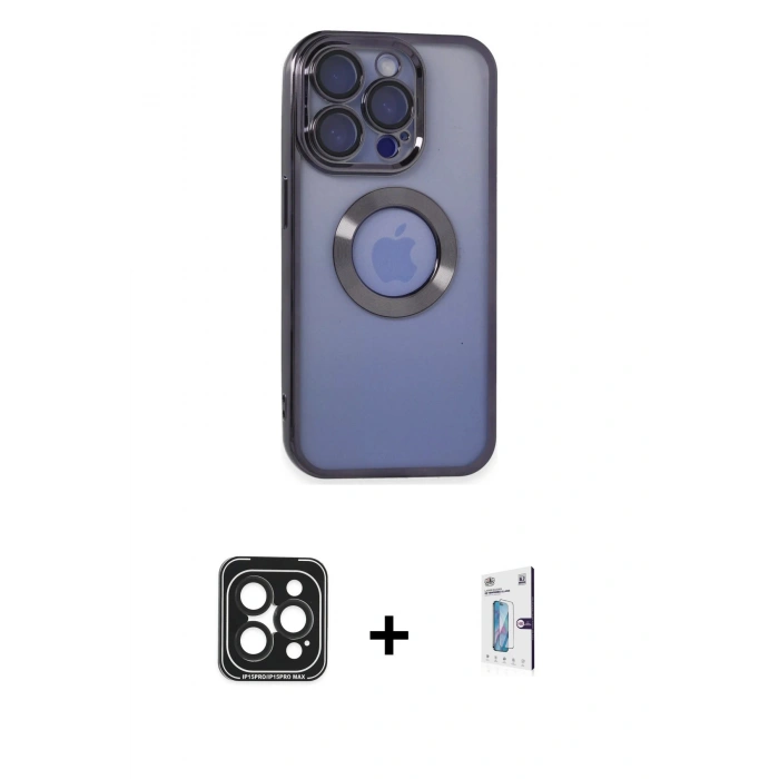 MARSİLYAN™- iPhone 15 Pro Max Kılıf Pusula Form - Siyah Bilvis 0.18mm Plus Cam Ekran Koruyucu + PVD Metal Kamera Lens - SH