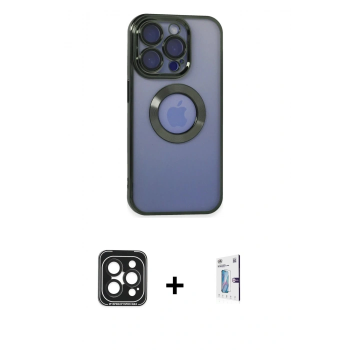 MARSİLYAN™- iPhone 15 Pro Max Kılıf Pusula Form - Siyah Bilvis 0.18mm Plus Cam Ekran Koruyucu + PVD Metal Kamera Lens - SH