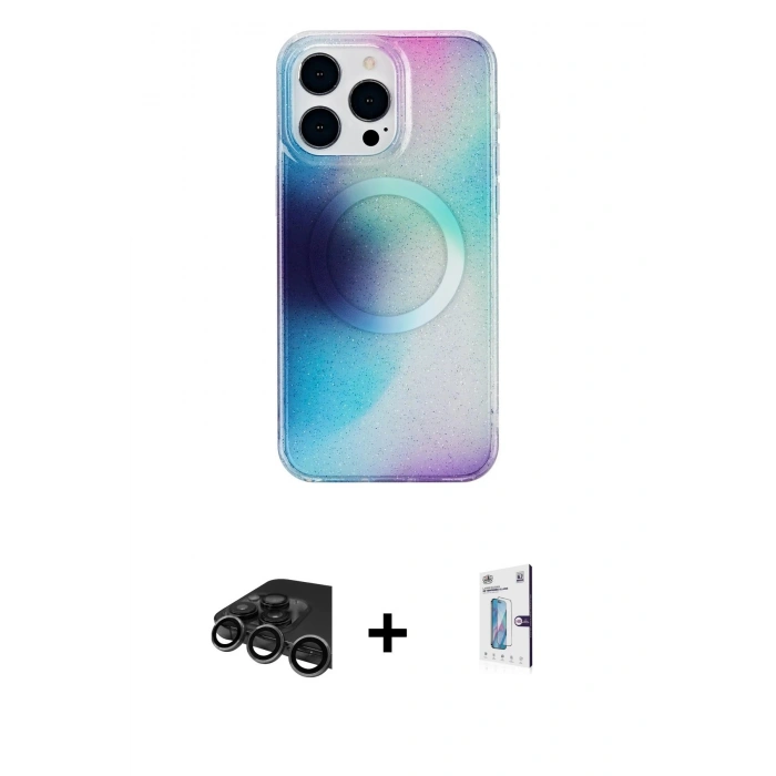 MARSİLYAN™- iPhone 15 Pro Max Kılıf Pusula Form - Siyah Bilvis 0.18mm Plus Cam Ekran Koruyucu + Raze Metal Kamera Lens - TMGI