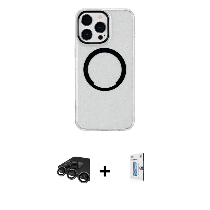 MARSİLYAN™- iPhone 15 Pro Max Kılıf Pusula Form - Siyah Bilvis 0.18mm Plus Cam Ekran Koruyucu + Raze Metal Kamera Lens - TMGI