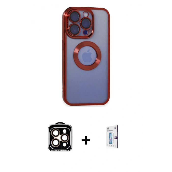 MARSİLYAN™- iPhone 15 Pro Max Kılıf Pusula Form - Siyah Bilvis 0.18mm Plus Cam Ekran Koruyucu + Turuncu PVD Metal Kamera Lens
