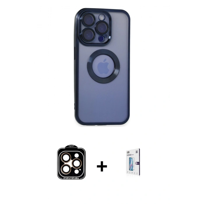MARSİLYAN™- iPhone 15 Pro Max Kılıf Pusula Form - Siyah Bilvis 0.18mm Plus Cam Ekran Koruyucu + Turuncu PVD Metal Kamera Lens