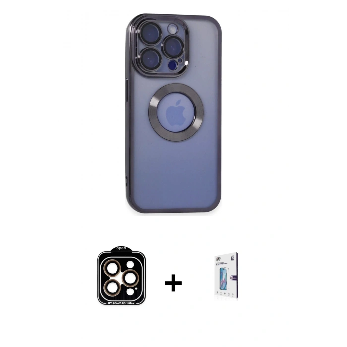 MARSİLYAN™- iPhone 15 Pro Max Kılıf Pusula Form - Siyah Bilvis 0.18mm Plus Cam Ekran Koruyucu + Turuncu PVD Metal Kamera Lens