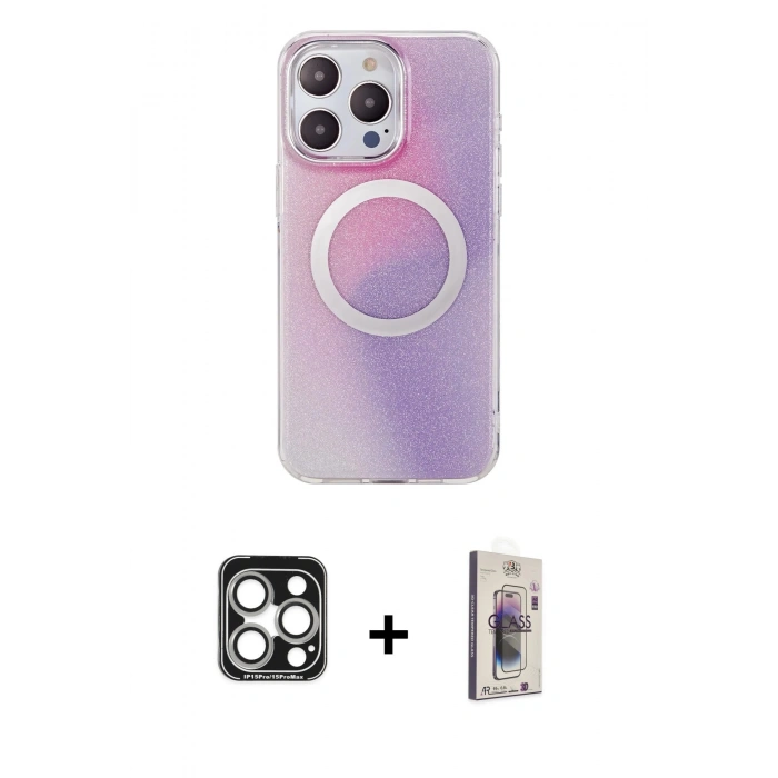 MARSİLYAN™- iPhone 15 Pro Max Kılıf Pusula Form - Siyah Bilvis 3D Cam Ekran Koruyucu + PVD Metal Kamera Lens - GS