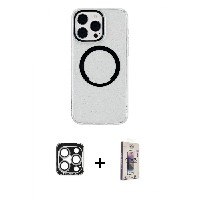 MARSİLYAN™- iPhone 15 Pro Max Kılıf Pusula Form - Siyah Bilvis 3D Cam Ekran Koruyucu + PVD Metal Kamera Lens - GS