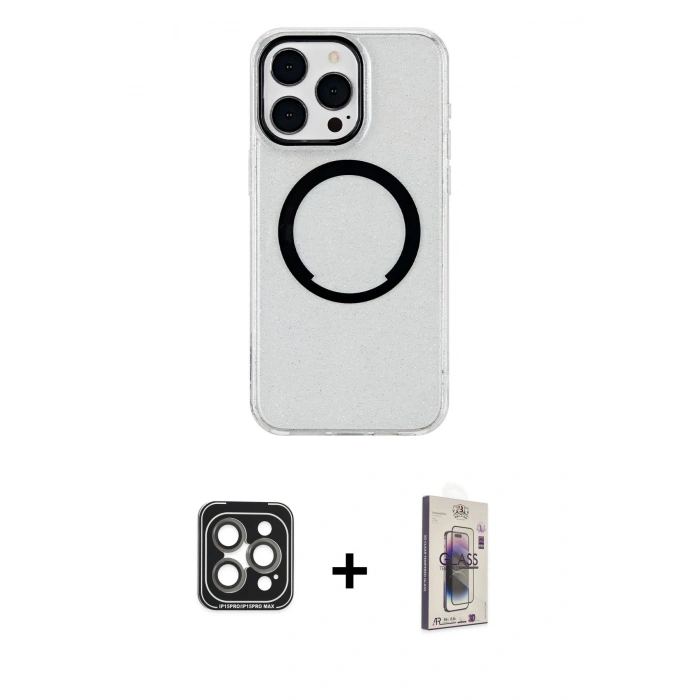 MARSİLYAN™- iPhone 15 Pro Max Kılıf Pusula Form - Siyah Bilvis 3D Cam Ekran Koruyucu + PVD Metal Kamera Lens - GI