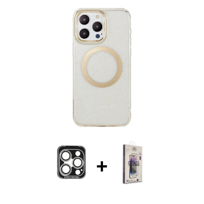 MARSİLYAN™- iPhone 15 Pro Max Kılıf Pusula Form - Siyah Bilvis 3D Cam Ekran Koruyucu + PVD Metal Kamera Lens - GS