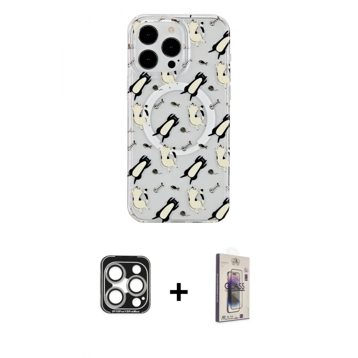 MARSİLYAN™- iPhone 15 Pro Max Kılıf Pusula Form - Siyah Bilvis 3D Cam Ekran Koruyucu + PVD Metal Kamera Lens - GS