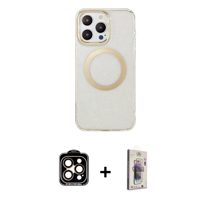 MARSİLYAN™- iPhone 15 Pro Max Kılıf Pusula Form - Siyah Bilvis 3D Cam Ekran Koruyucu + PVD Metal Kamera Lens - TU