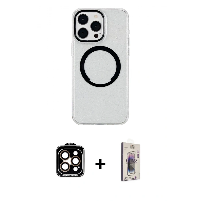 MARSİLYAN™- iPhone 15 Pro Max Kılıf Pusula Form - Siyah Bilvis 3D Cam Ekran Koruyucu + PVD Metal Kamera Lens - TU