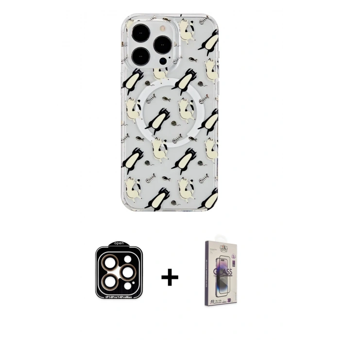 MARSİLYAN™- iPhone 15 Pro Max Kılıf Pusula Form - Siyah Bilvis 3D Cam Ekran Koruyucu + PVD Metal Kamera Lens - TU