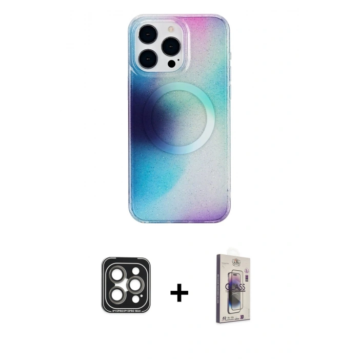 MARSİLYAN™- iPhone 15 Pro Max Kılıf Pusula Form - Siyah Bilvis 3D Cam Ekran Koruyucu + PVD Metal Kamera Lens - GI