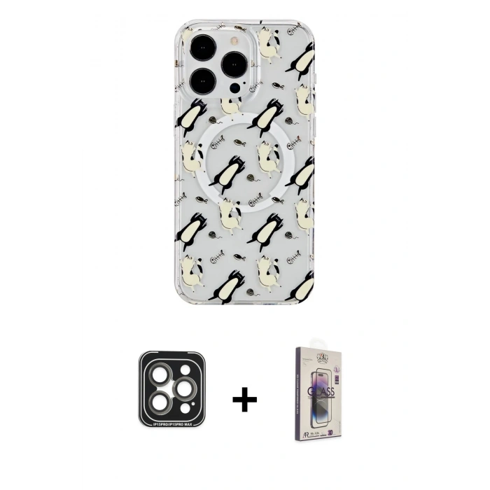 MARSİLYAN™- iPhone 15 Pro Max Kılıf Pusula Form - Siyah Bilvis 3D Cam Ekran Koruyucu + PVD Metal Kamera Lens - GI