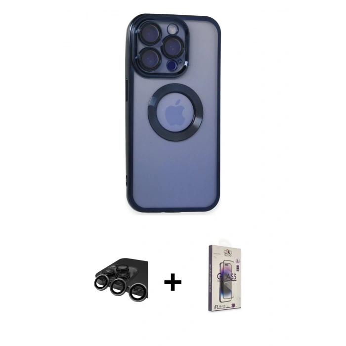 MARSİLYAN™- iPhone 15 Pro Max Kılıf Pusula Form - Siyah Bilvis 3D Cam Ekran Koruyucu + Raze Metal Kamera Lens - TMGI