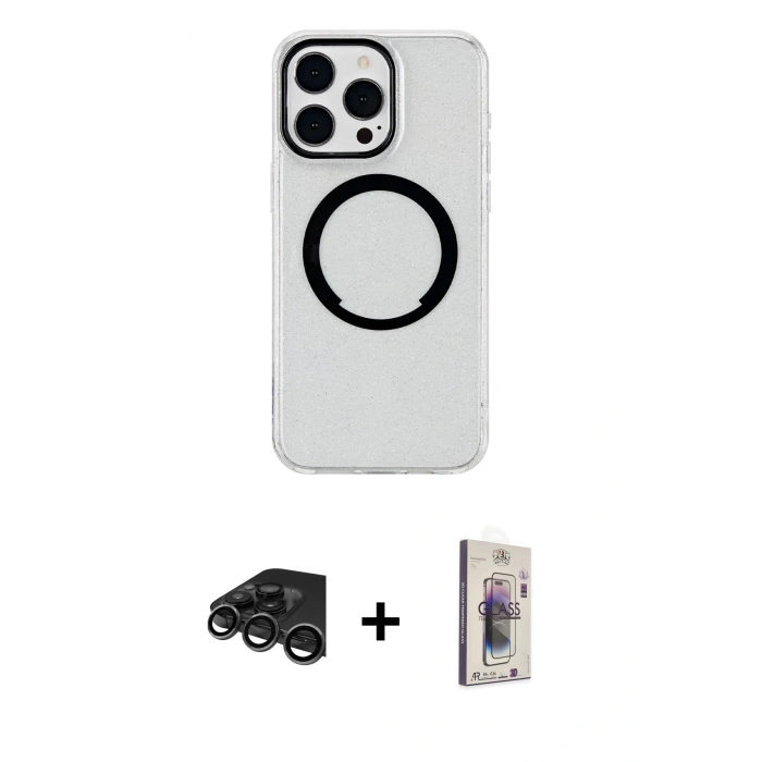 MARSİLYAN™- iPhone 15 Pro Max Kılıf Pusula Form - Siyah Bilvis 3D Cam Ekran Koruyucu + Raze Metal Kamera Lens - TMGI