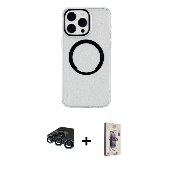 MARSİLYAN™- iPhone 15 Pro Max Kılıf Pusula Form - Siyah Bilvis 3D Cam Ekran Koruyucu + Raze Metal Kamera Lens - LT