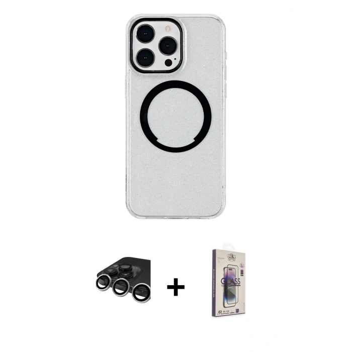 MARSİLYAN™- iPhone 15 Pro Max Kılıf Pusula Form - Siyah Bilvis 3D Cam Ekran Koruyucu + Raze Metal Kamera Lens - GS