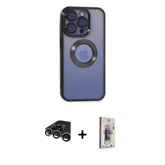 MARSİLYAN™- iPhone 15 Pro Max Kılıf Pusula Form - Siyah Bilvis 3D Cam Ekran Koruyucu + Raze Metal Kamera Lens - GS