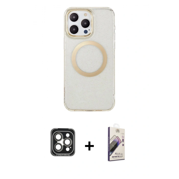 MARSİLYAN™- iPhone 15 Pro Max Kılıf Pusula Form - Siyah Bilvis 3D Mat Cam Ekran Koruyucu + PVD Metal Kamera Lens - GI