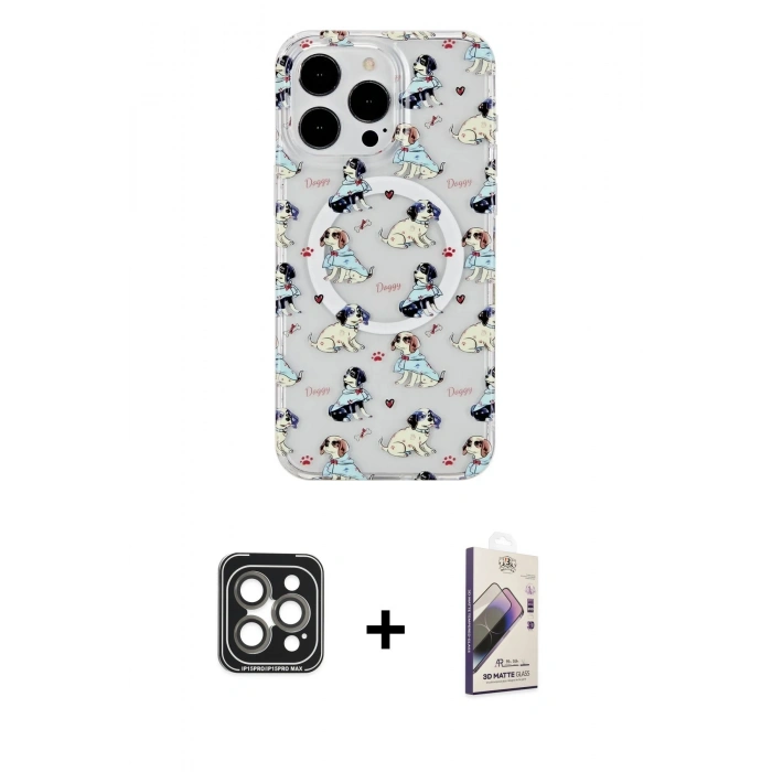 MARSİLYAN™- iPhone 15 Pro Max Kılıf Pusula Form - Siyah Bilvis 3D Mat Cam Ekran Koruyucu + PVD Metal Kamera Lens - GI