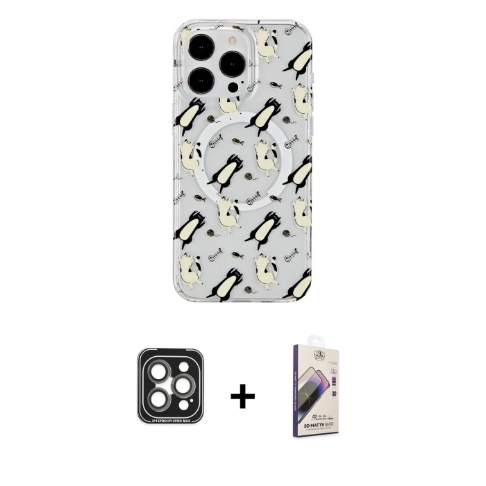 MARSİLYAN™- iPhone 15 Pro Max Kılıf Pusula Form - Siyah Bilvis 3D Mat Cam Ekran Koruyucu + PVD Metal Kamera Lens - GI