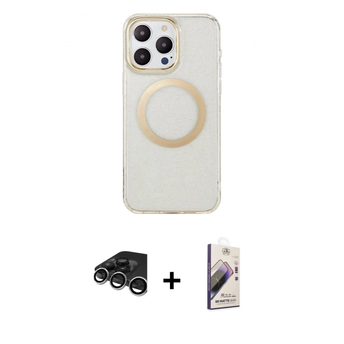 MARSİLYAN™- iPhone 15 Pro Max Kılıf Pusula Form - Siyah Bilvis 3D Mat Cam Ekran Koruyucu + Raze Metal Kamera Lens - GS