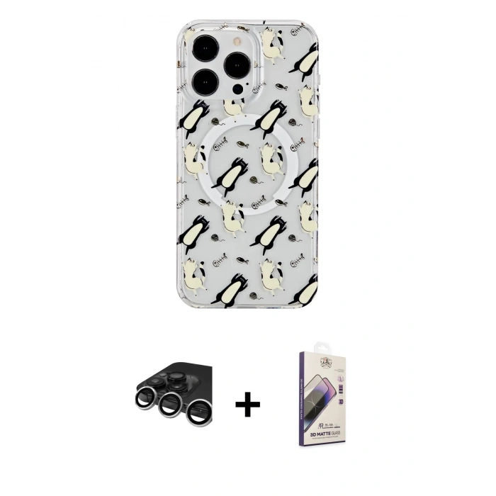 MARSİLYAN™- iPhone 15 Pro Max Kılıf Pusula Form - Siyah Bilvis 3D Mat Cam Ekran Koruyucu + Raze Metal Kamera Lens - GS