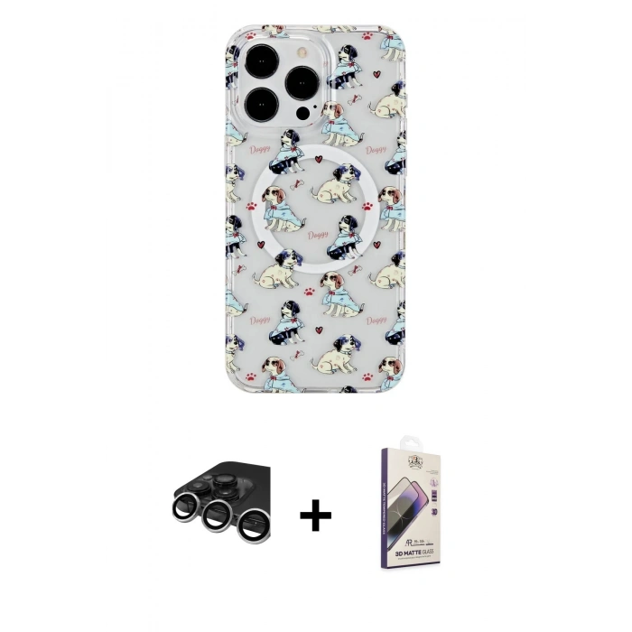 MARSİLYAN™- iPhone 15 Pro Max Kılıf Pusula Form - Siyah Bilvis 3D Mat Cam Ekran Koruyucu + Raze Metal Kamera Lens - GS