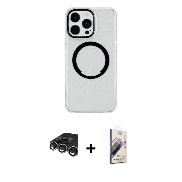 MARSİLYAN™- iPhone 15 Pro Max Kılıf Pusula Form - Siyah Bilvis 3D Mat Cam Ekran Koruyucu + Raze Metal Kamera Lens - GS