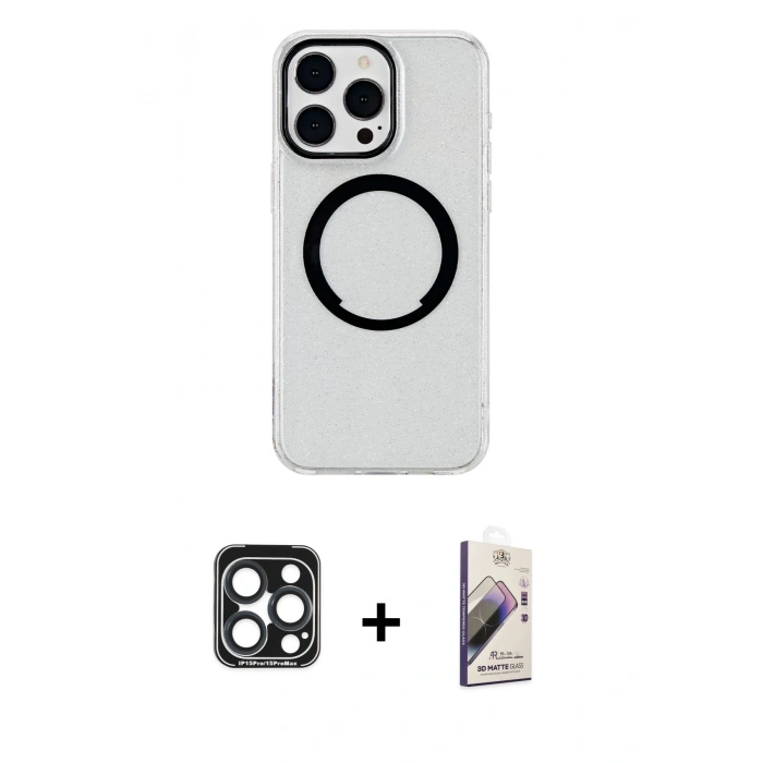MARSİLYAN™- iPhone 15 Pro Max Kılıf Pusula Form - Siyah Bilvis 3D Mat Cam Ekran Koruyucu + PVD Metal Kamera Lens - LT