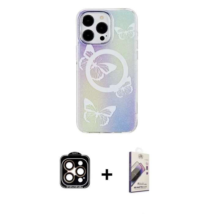 MARSİLYAN™- iPhone 15 Pro Max Kılıf Pusula Form - Siyah Bilvis 3D Mat Cam Ekran Koruyucu + PVD Metal Kamera Lens - TU