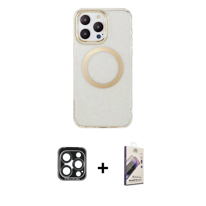 MARSİLYAN™- iPhone 15 Pro Max Kılıf Pusula Form - Siyah Bilvis 3D Mat Cam Ekran Koruyucu + PVD Metal Kamera Lens - LT