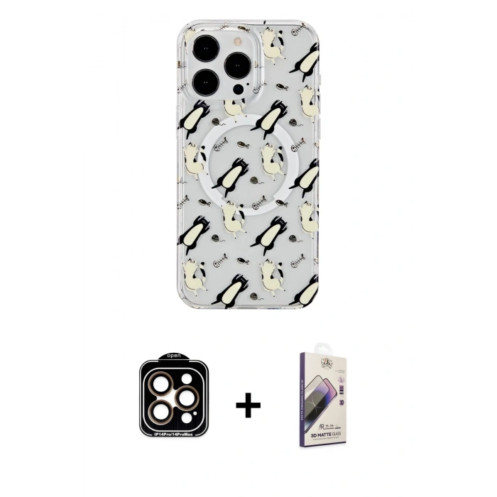 MARSİLYAN™- iPhone 15 Pro Max Kılıf Pusula Form - Siyah Bilvis 3D Mat Cam Ekran Koruyucu + PVD Metal Kamera Lens - TU