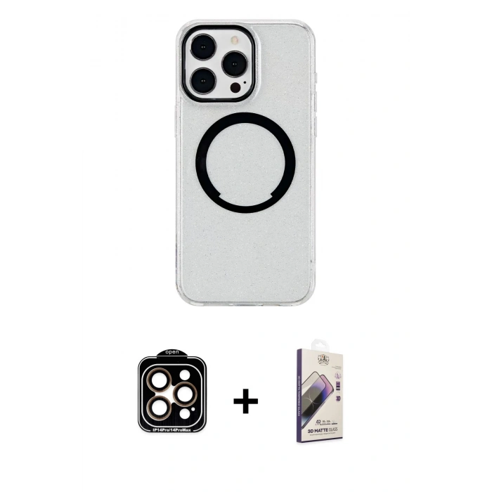 MARSİLYAN™- iPhone 15 Pro Max Kılıf Pusula Form - Siyah Bilvis 3D Mat Cam Ekran Koruyucu + PVD Metal Kamera Lens - TU