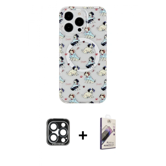 MARSİLYAN™- iPhone 15 Pro Max Kılıf Pusula Form - Siyah Bilvis 3D Mat Cam Ekran Koruyucu + PVD Metal Kamera Lens - LT