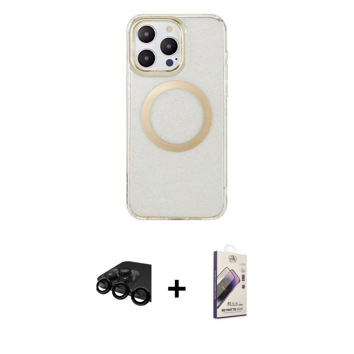 MARSİLYAN™- iPhone 15 Pro Max Kılıf Pusula Form - Siyah Bilvis 3D Mat Cam Ekran Koruyucu + Raze Metal Kamera Lens - SH