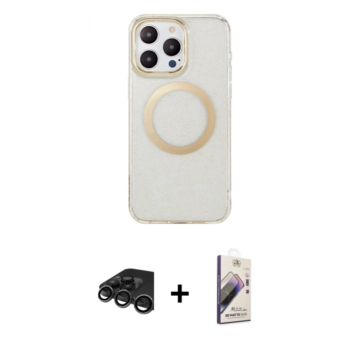 MARSİLYAN™- iPhone 15 Pro Max Kılıf Pusula Form - Siyah Bilvis 3D Mat Cam Ekran Koruyucu + Raze Metal Kamera Lens - TMGI