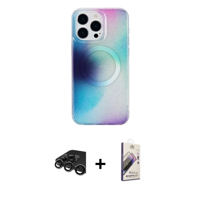 MARSİLYAN™- iPhone 15 Pro Max Kılıf Pusula Form - Siyah Bilvis 3D Mat Cam Ekran Koruyucu + Raze Metal Kamera Lens - TMGI