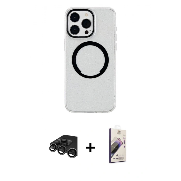 MARSİLYAN™- iPhone 15 Pro Max Kılıf Pusula Form - Siyah Bilvis 3D Mat Cam Ekran Koruyucu + Raze Metal Kamera Lens - TMGI