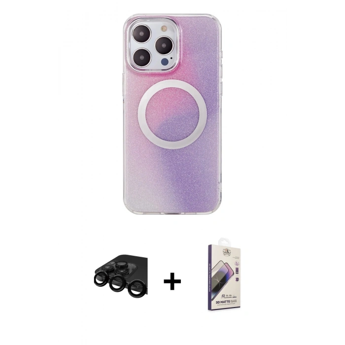 MARSİLYAN™- iPhone 15 Pro Max Kılıf Pusula Form - Siyah Bilvis 3D Mat Cam Ekran Koruyucu + Raze Metal Kamera Lens - SH