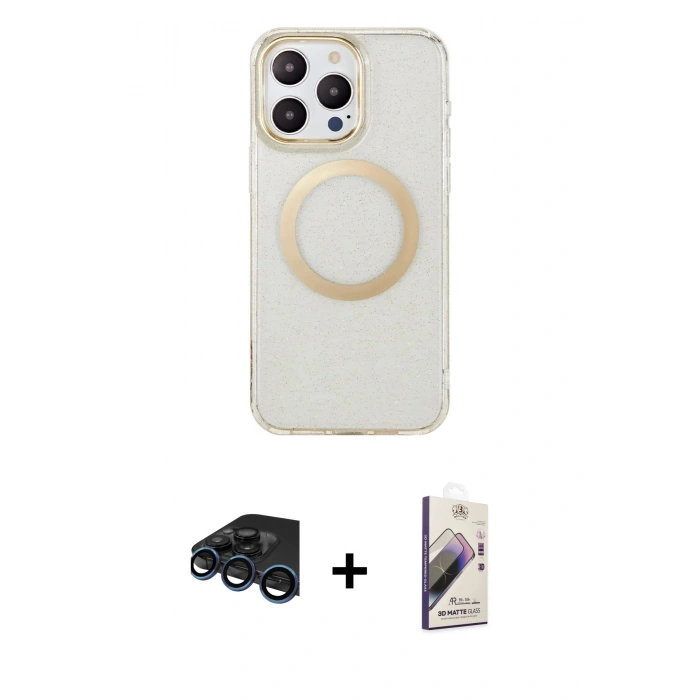 MARSİLYAN™- iPhone 15 Pro Max Kılıf Pusula Form - Siyah Bilvis 3D Mat Cam Ekran Koruyucu + Raze Metal Kamera Lens - LT