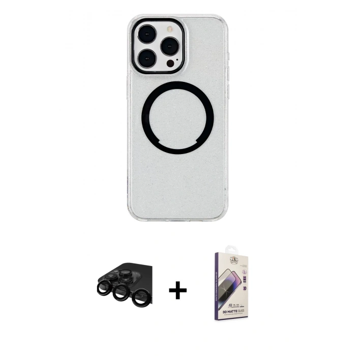 MARSİLYAN™- iPhone 15 Pro Max Kılıf Pusula Form - Siyah Bilvis 3D Mat Cam Ekran Koruyucu + Raze Metal Kamera Lens - SH