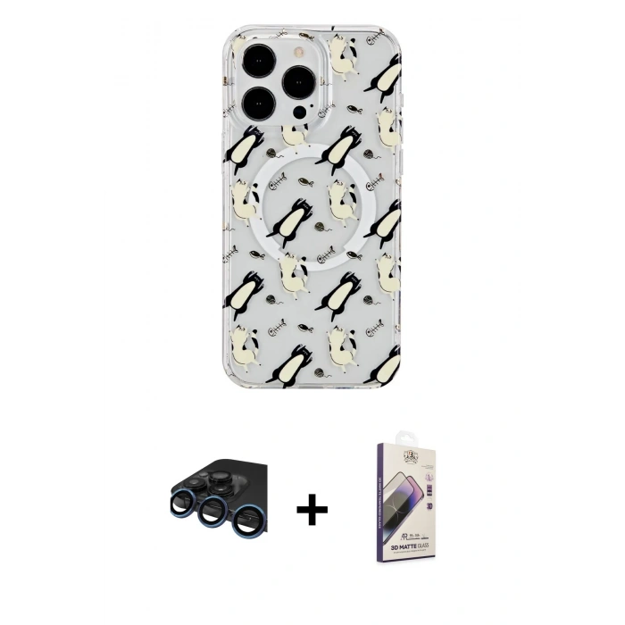 MARSİLYAN™- iPhone 15 Pro Max Kılıf Pusula Form - Siyah Bilvis 3D Mat Cam Ekran Koruyucu + Raze Metal Kamera Lens - LT