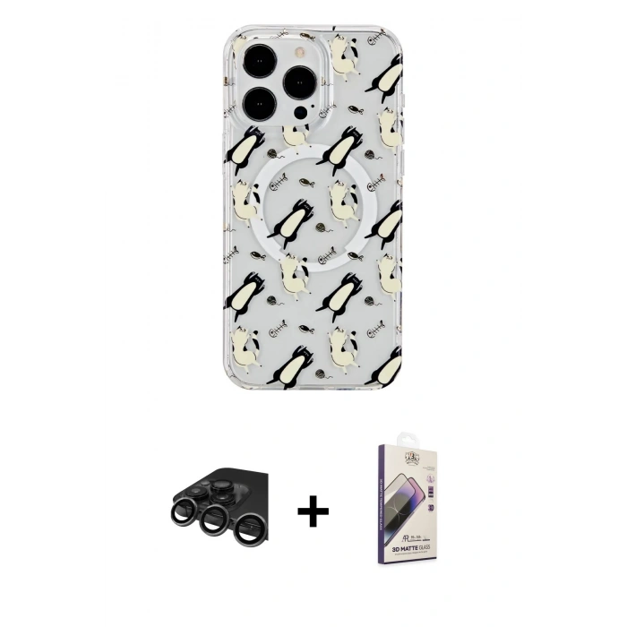 MARSİLYAN™- iPhone 15 Pro Max Kılıf Pusula Form - Siyah Bilvis 3D Mat Cam Ekran Koruyucu + Raze Metal Kamera Lens - TMGI