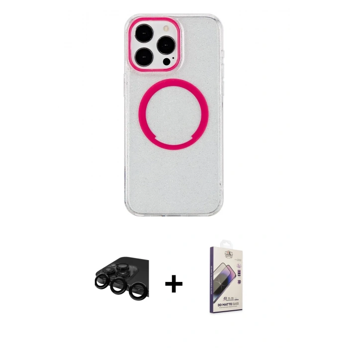 MARSİLYAN™- iPhone 15 Pro Max Kılıf Pusula Form - Siyah Bilvis 3D Mat Cam Ekran Koruyucu + Raze Metal Kamera Lens - SH